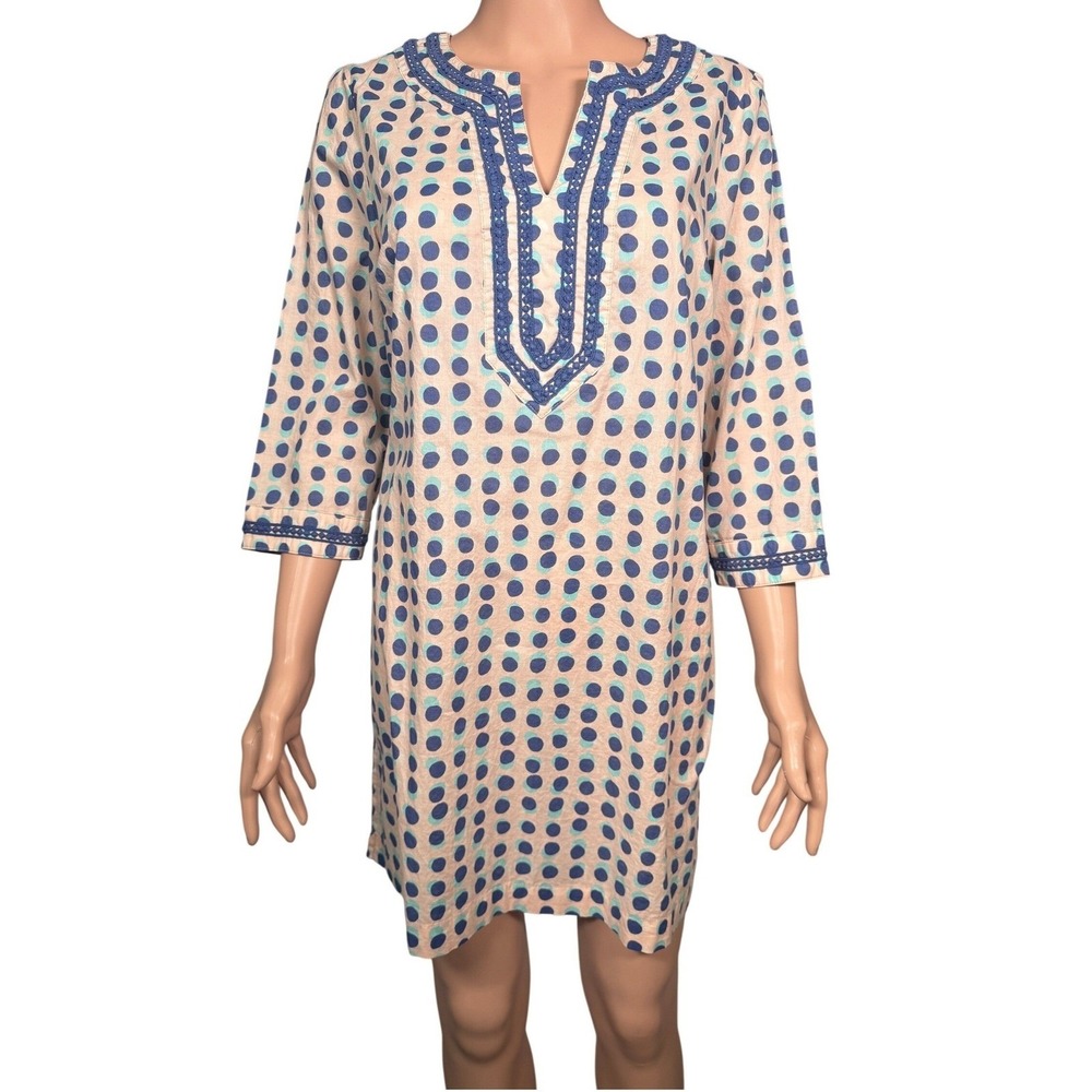Boden Womens Polka Dot Tunic Dress Peach Blue Crochet Trim Cotton WA486 US 8R